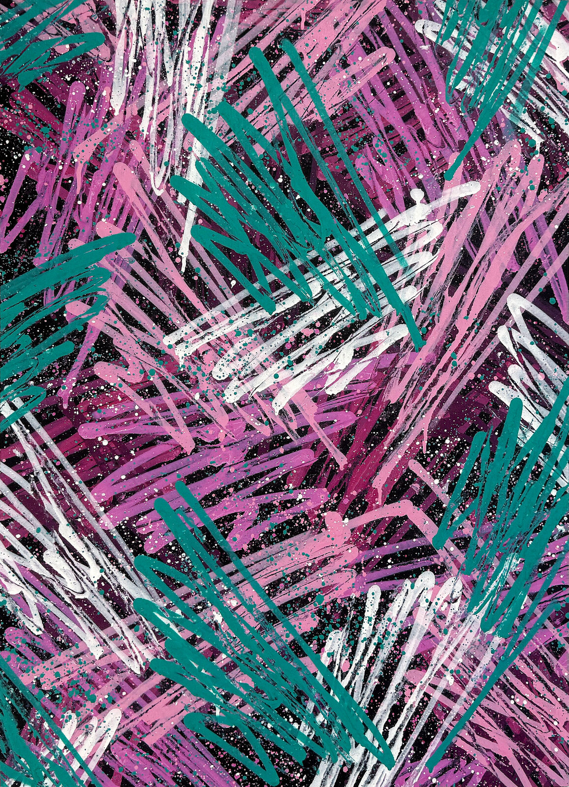 A dynamic abstract composition featuring bold diagonal strokes in pink, teal, and white against a dark background.