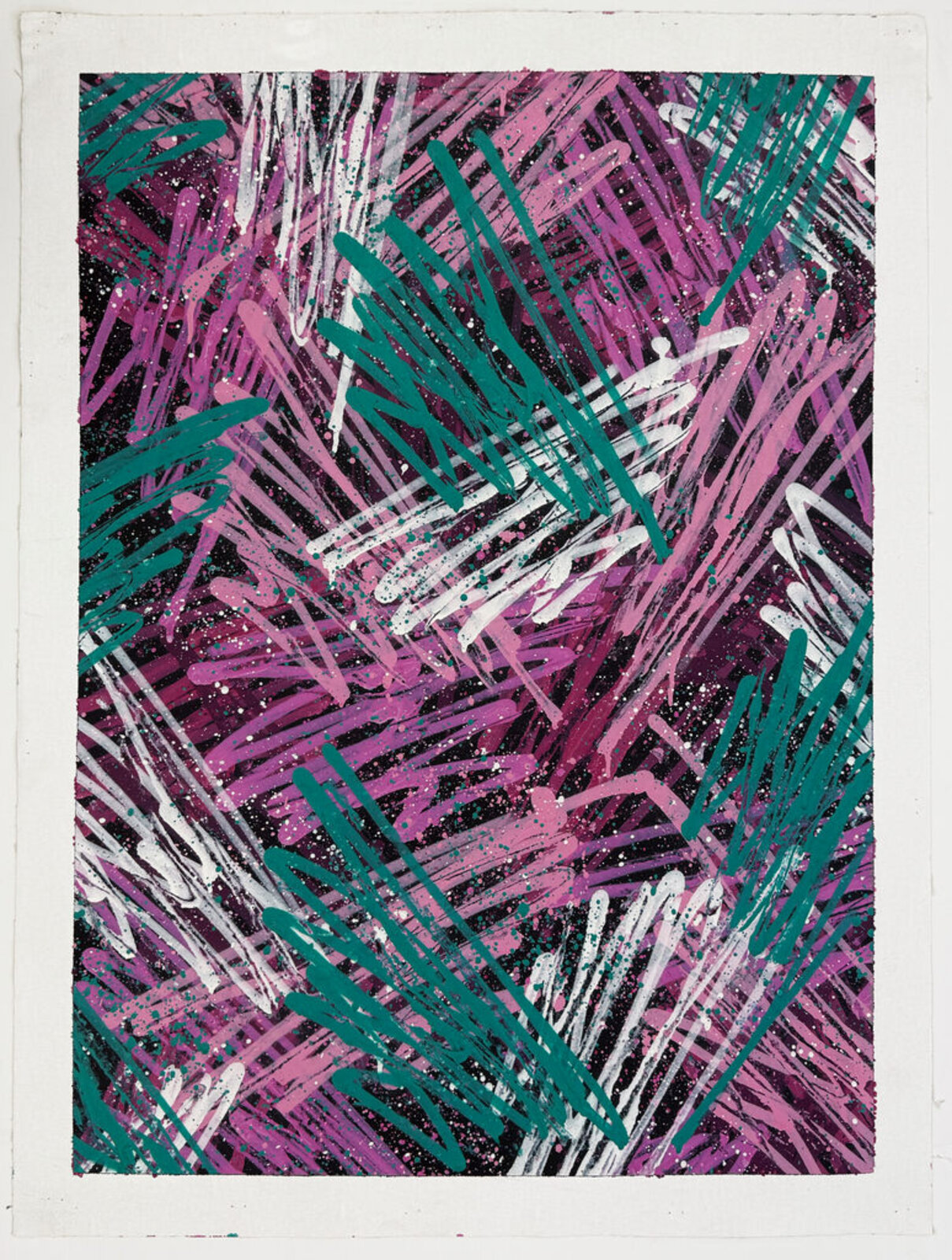 A dynamic abstract composition featuring bold diagonal strokes in pink, teal, and white against a dark background.