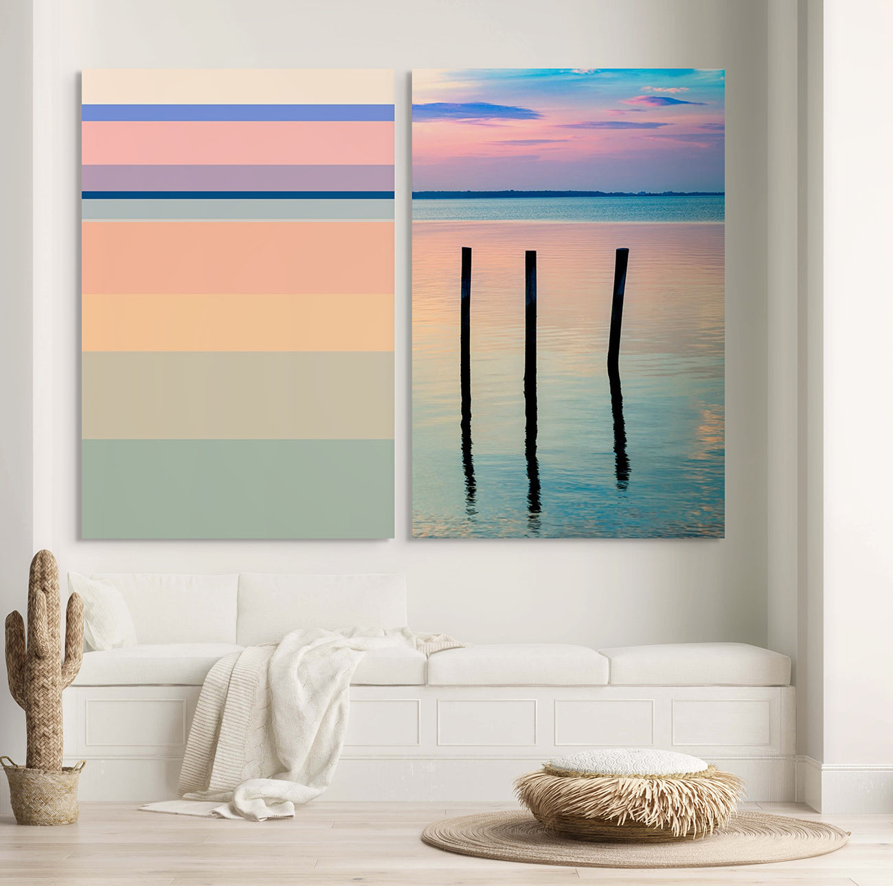 A picture of two pictures of a sunset over a body of water.
