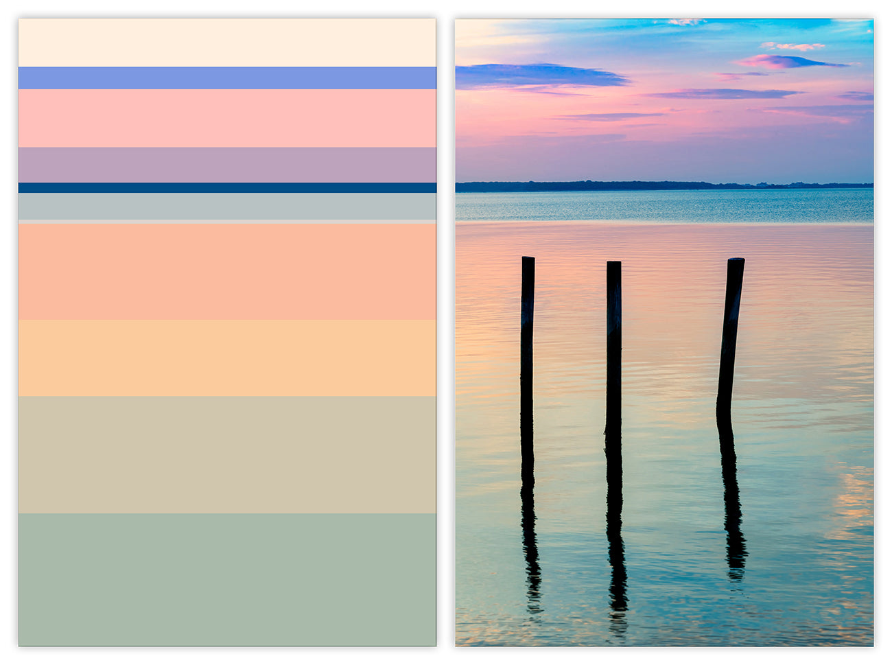 A picture of two pictures of a sunset over a body of water.