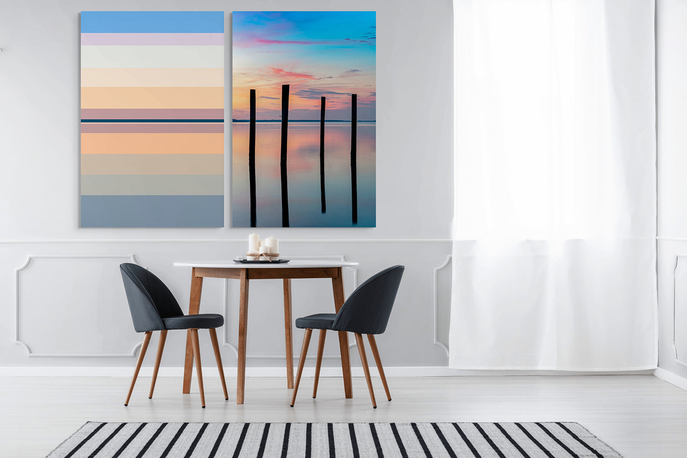 A couple of pictures of a sunset over a body of water.