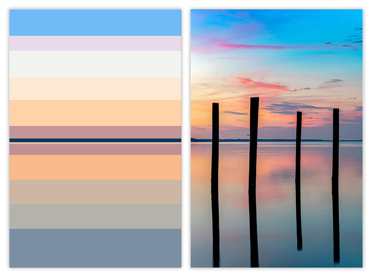 A couple of pictures of a sunset over a body of water.
