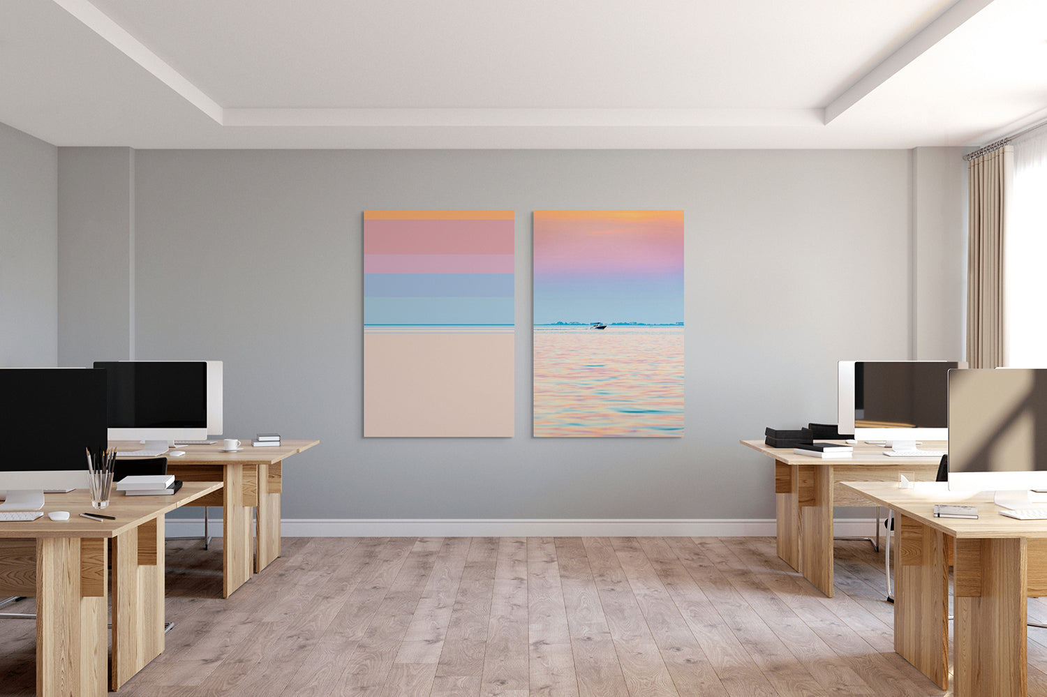 A picture of a boat in the ocean with a sunset in the background.