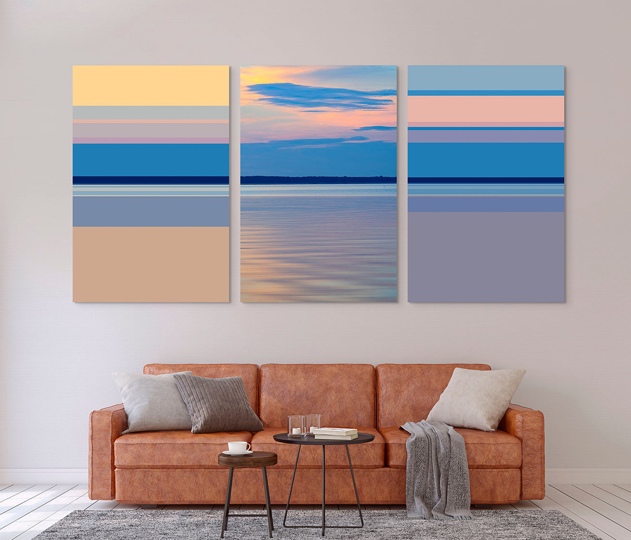 A set of three pictures of a sunset over a body of water.