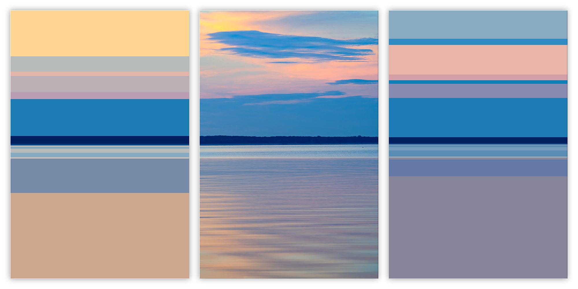 A set of three pictures of a sunset over a body of water.