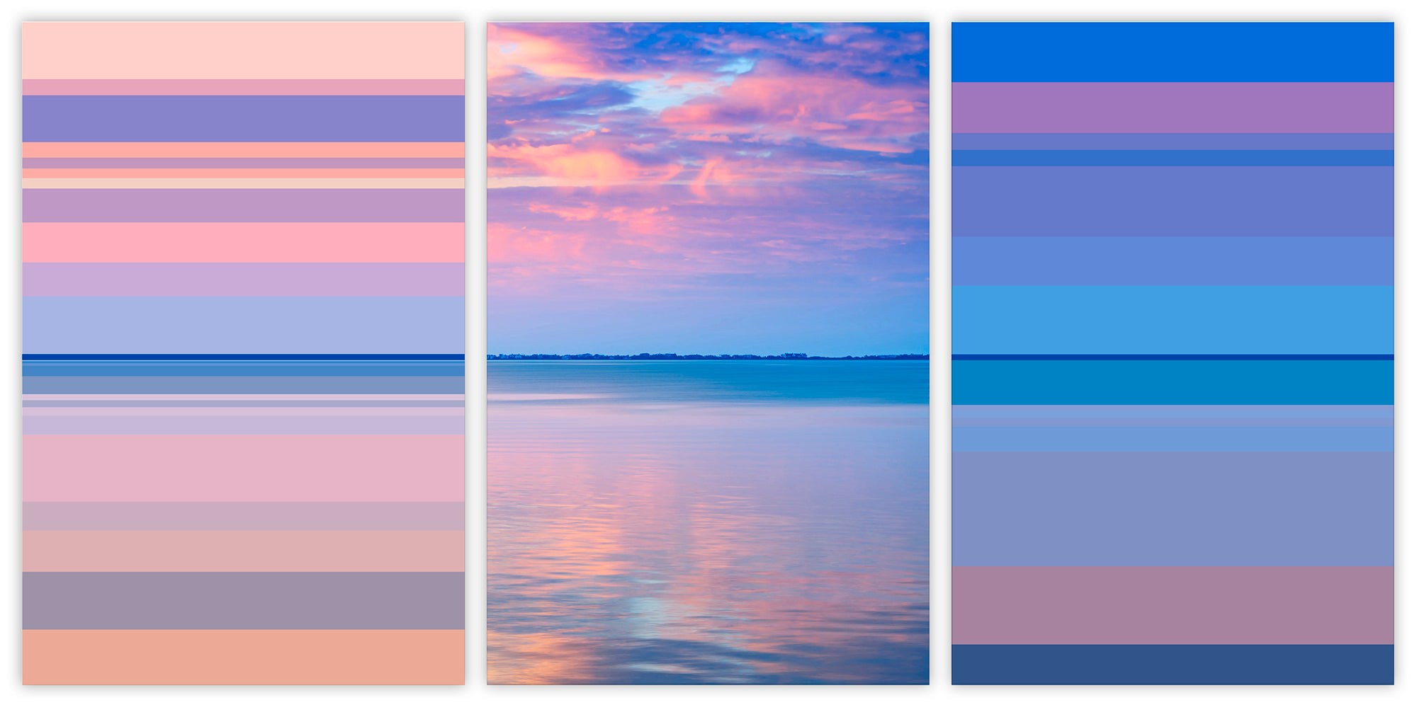 A set of three pictures of a sunset over the ocean.