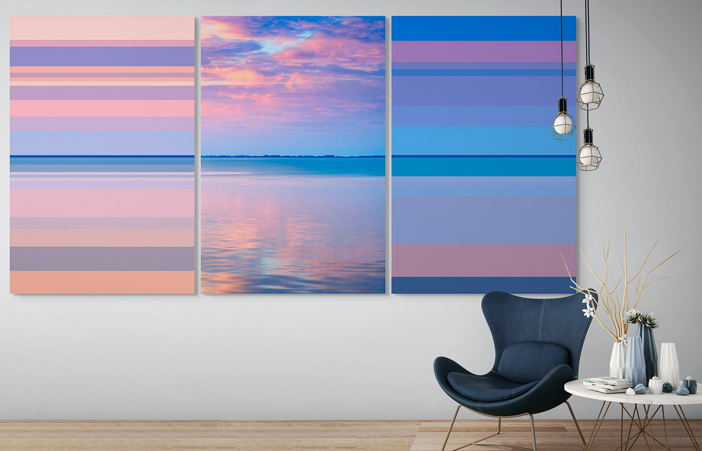 A set of three pictures of a sunset over the ocean.