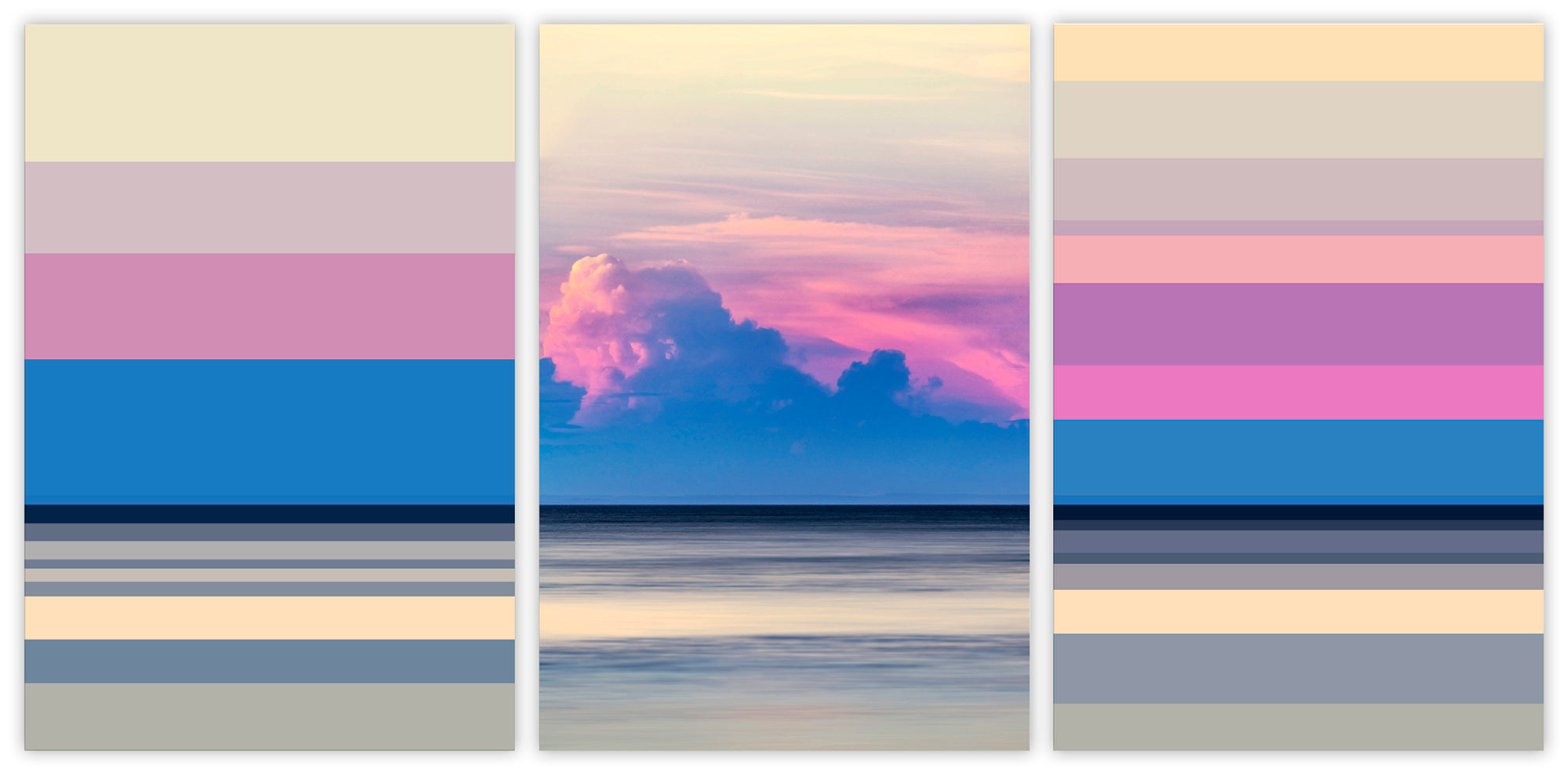 A set of three pictures of a sunset over the ocean.