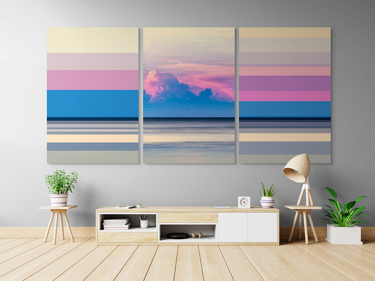 A set of three pictures of a sunset over the ocean.