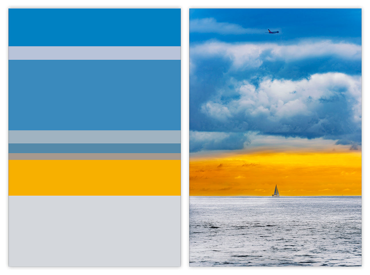 A picture of a sailboat in the ocean and a plane flying in the sky.