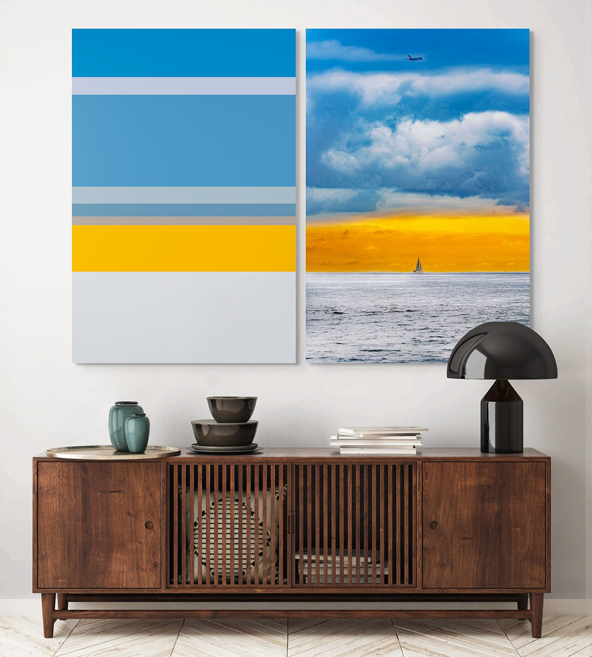 A picture of a sailboat in the ocean and a plane flying in the sky.