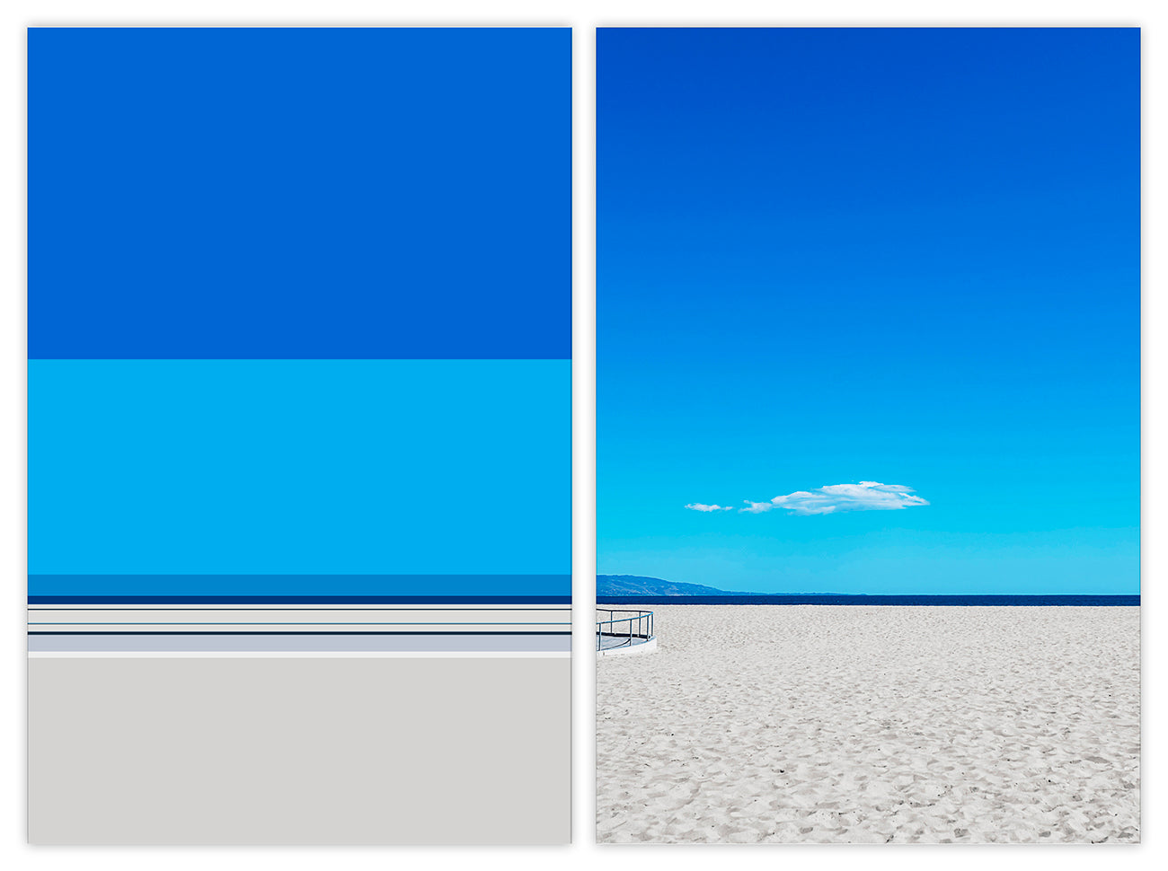 Two pictures of a beach with a blue sky and white sand.