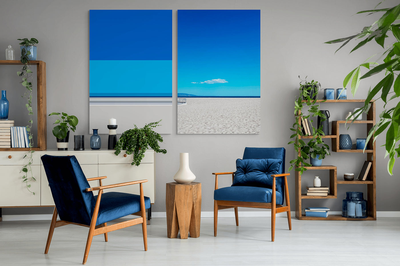 Two pictures of a beach with a blue sky and white sand.