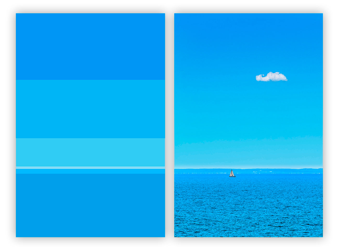 Two pictures of a sailboat in the ocean and a cloud in the sky.