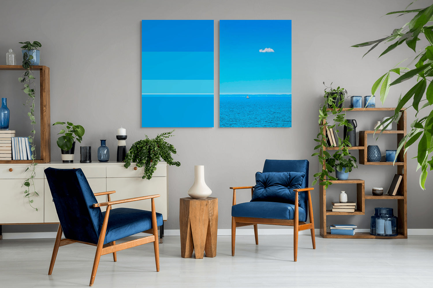 Two pictures of a sailboat in the ocean and a cloud in the sky.