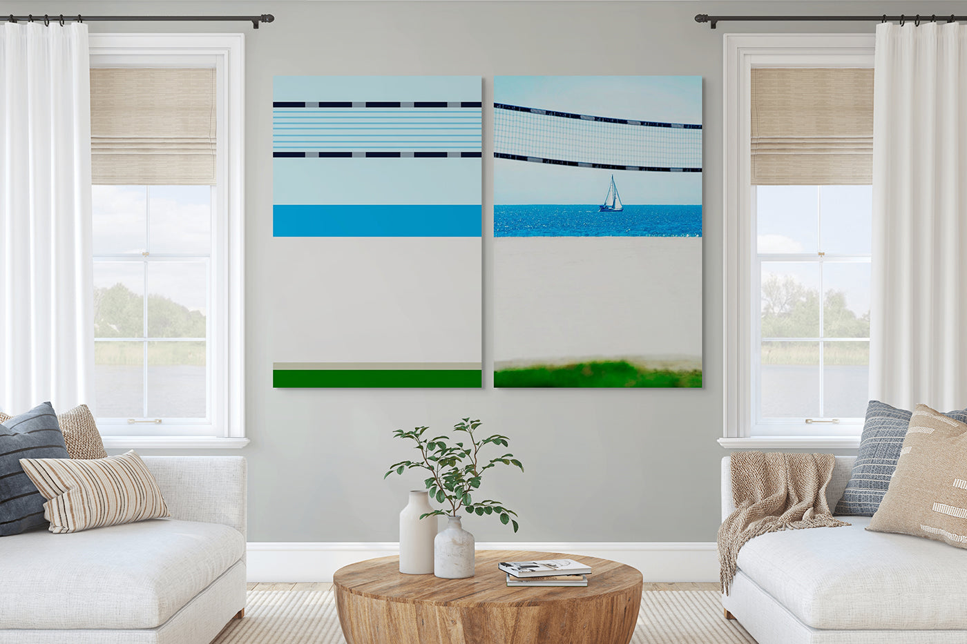 A picture of a beach scene with a sailboat in the distance.