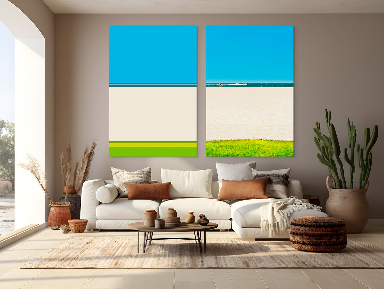 Two pictures of a beach with a blue sky and green grass.
