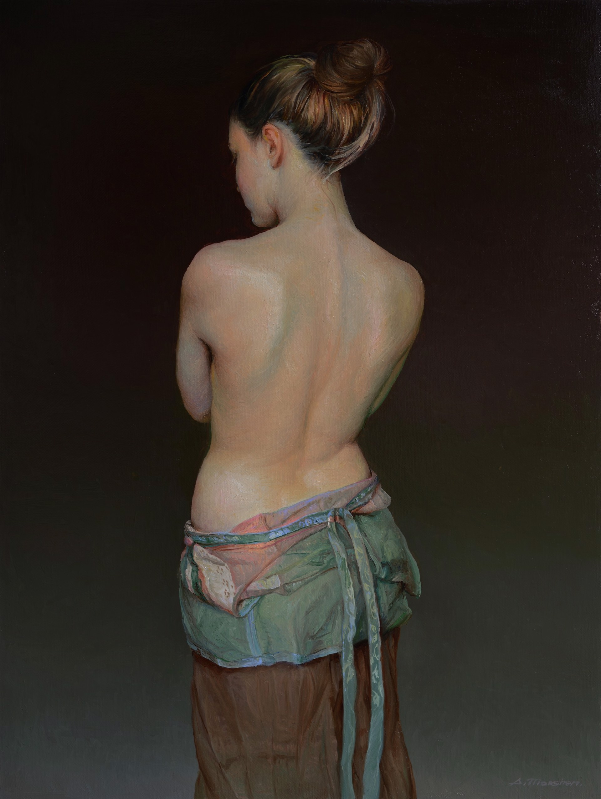 A realistic oil painting of a nude figure seen from behind, wearing a tied cloth around the waist.