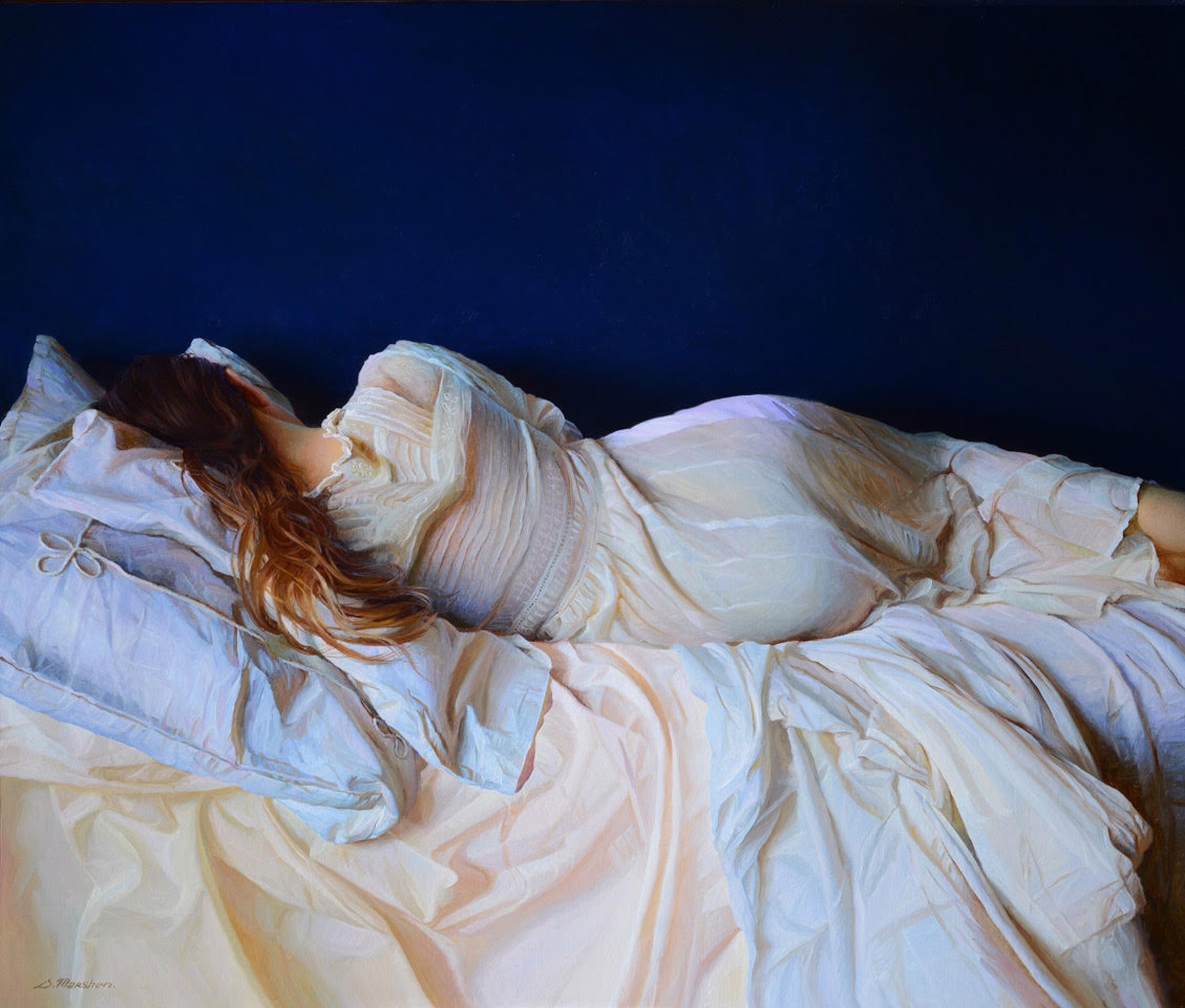 A painting of a woman laying on a bed.