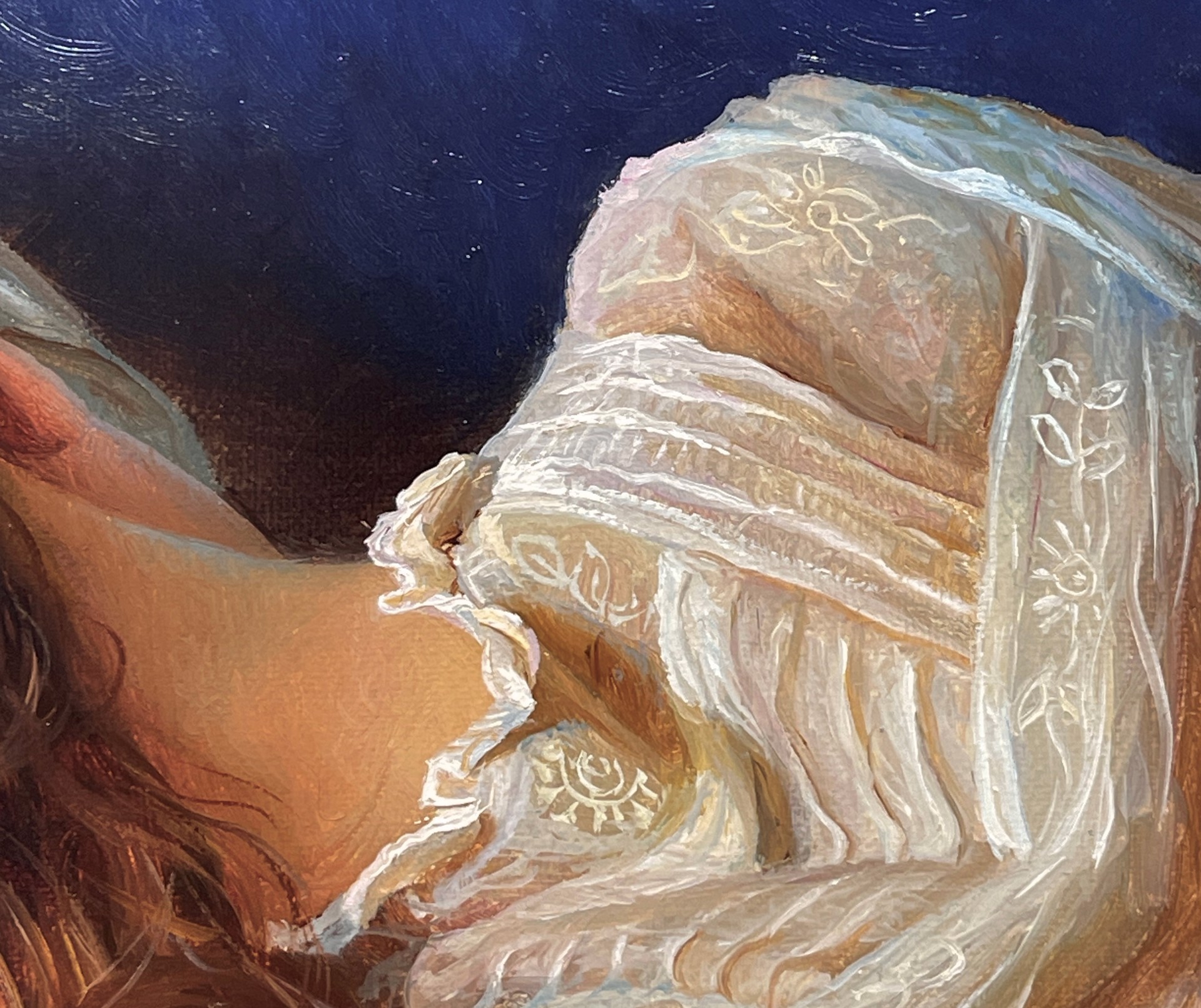 A painting of a woman laying on a bed.