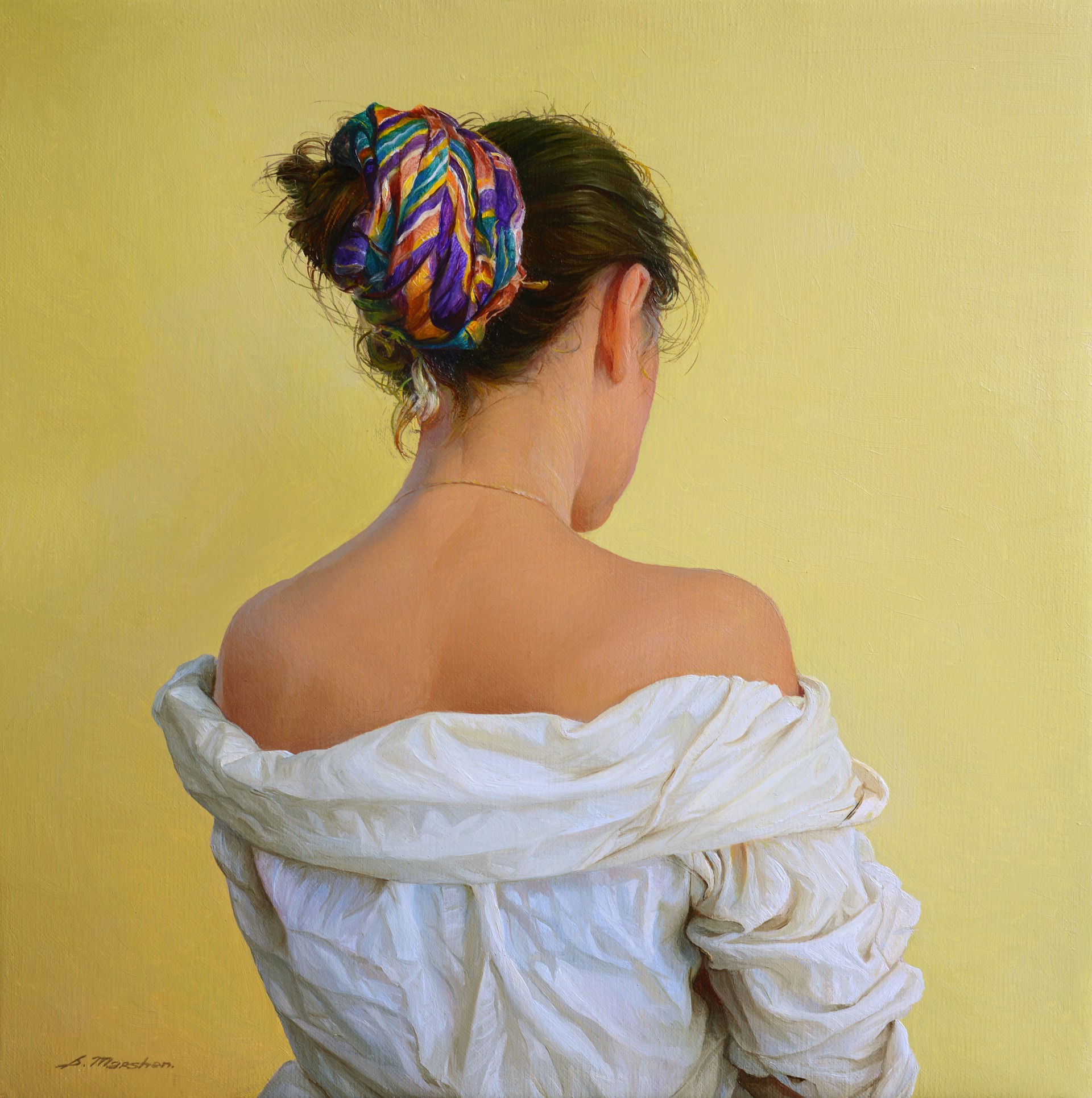 A painting of a woman with a colorful headband on her head.
