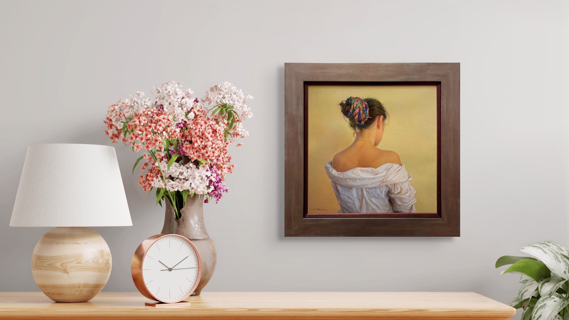 A painting of a woman with a colorful headband on her head.