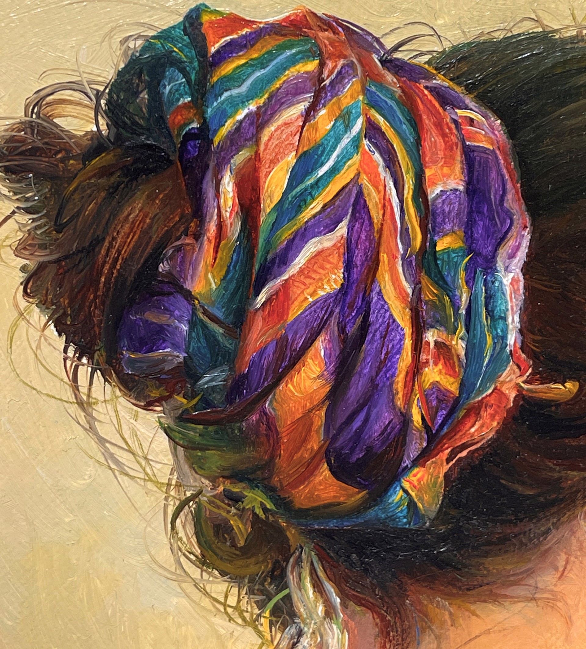 A painting of a woman with a colorful headband on her head.