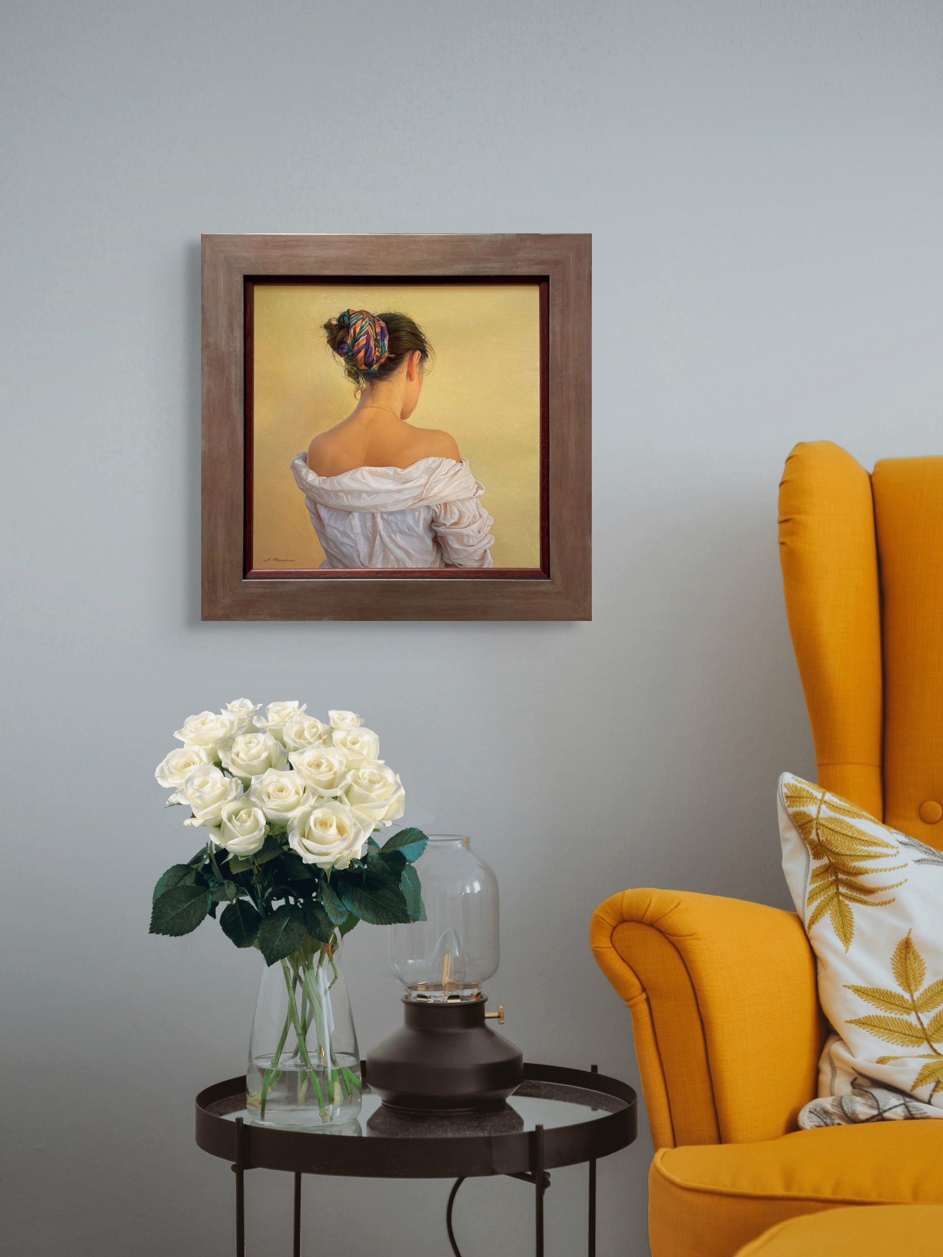 A painting of a woman with a colorful headband on her head.