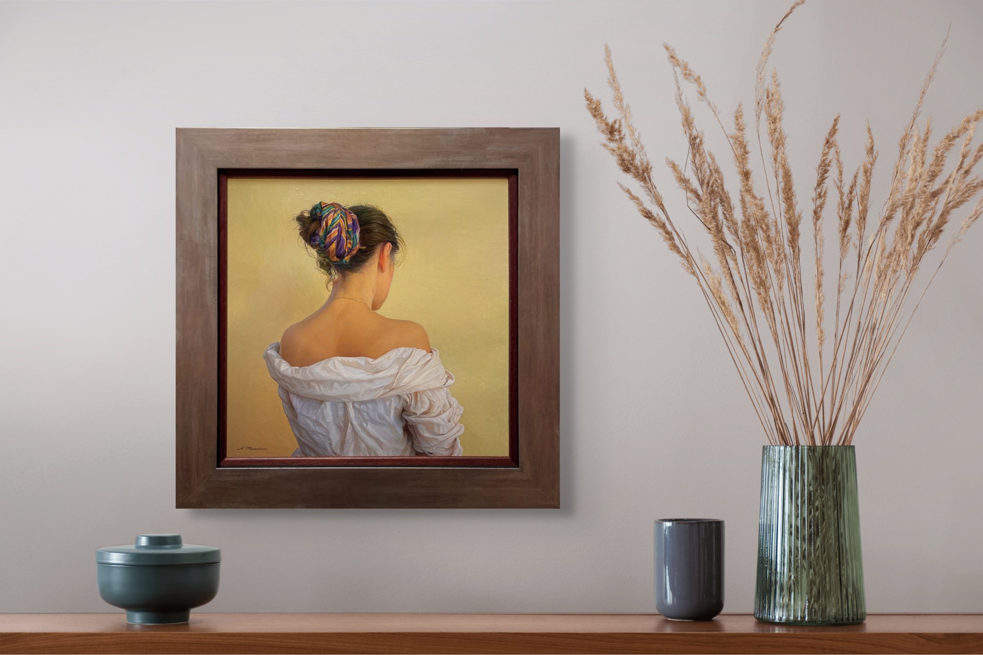 A painting of a woman with a colorful headband on her head.