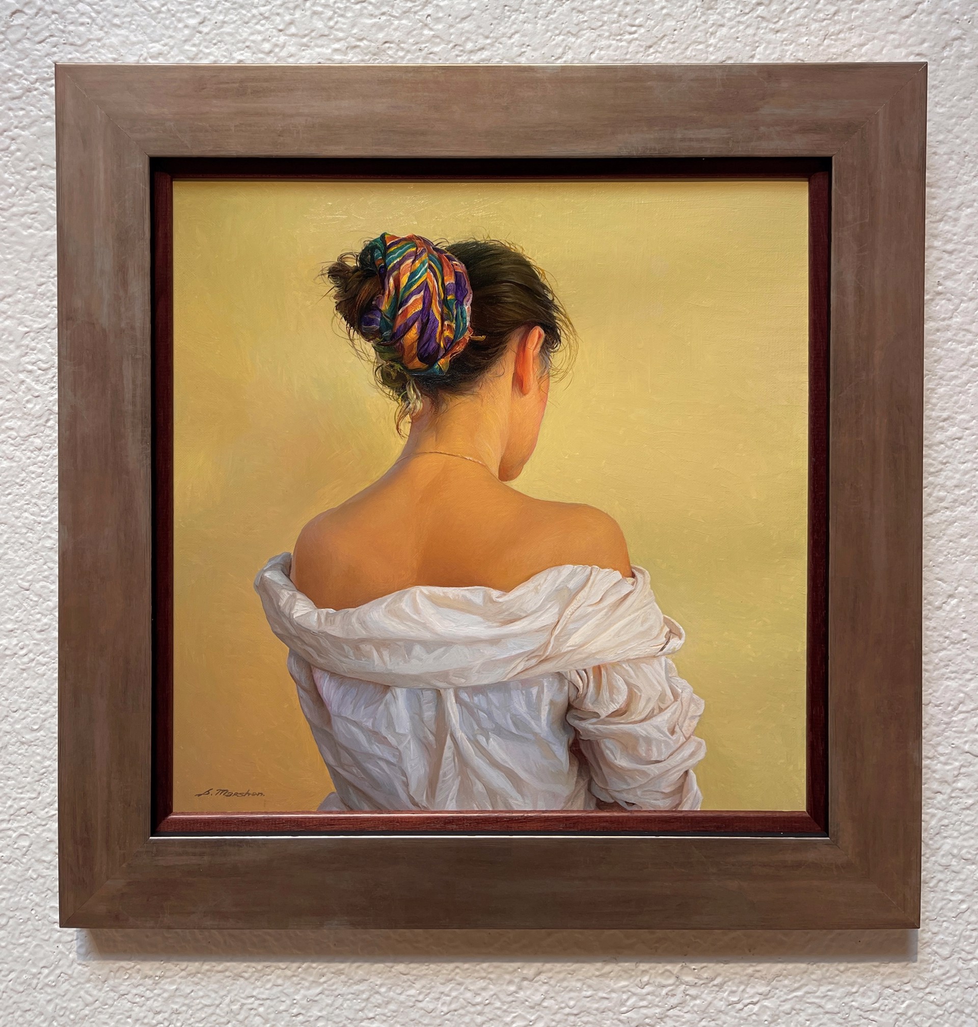 A painting of a woman with a colorful headband on her head.