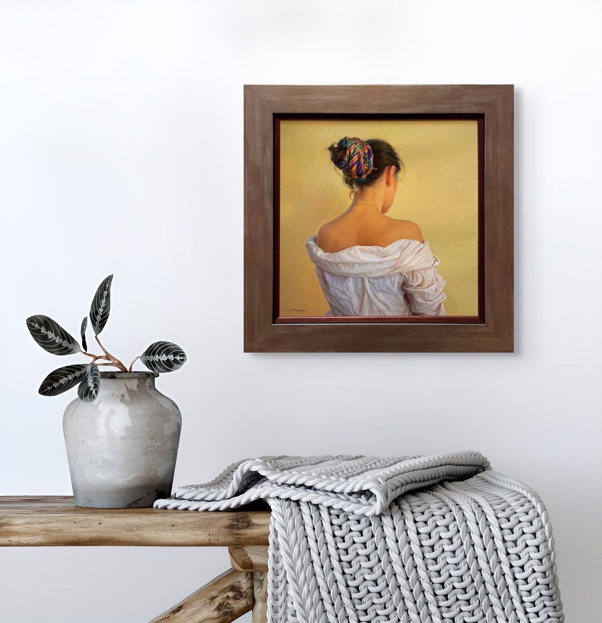 A painting of a woman with a colorful headband on her head.
