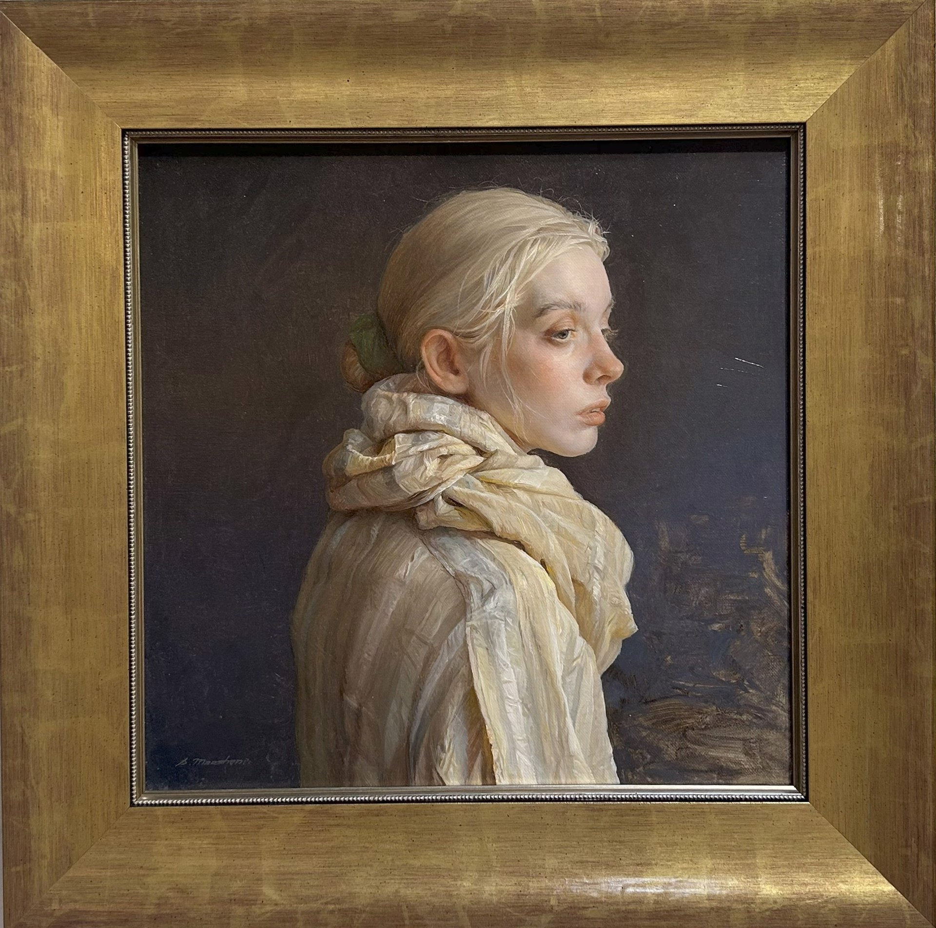 A painting of a woman with a scarf around her neck.