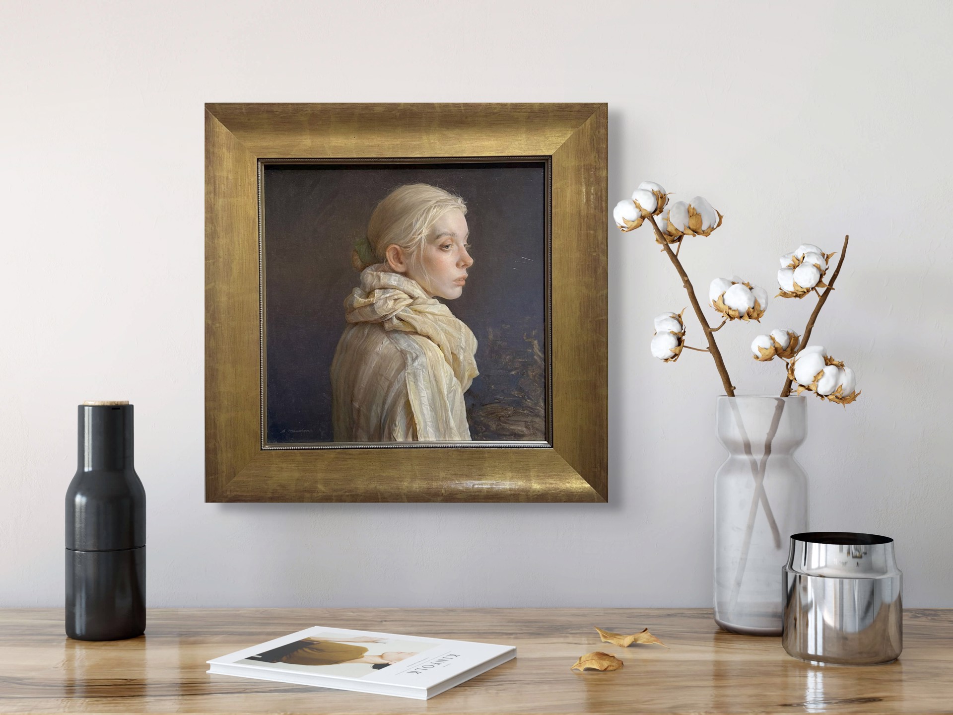 A painting of a woman with a scarf around her neck.