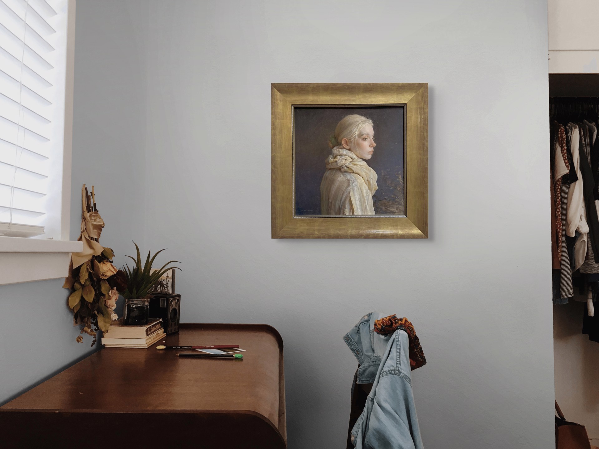 A painting of a woman with a scarf around her neck.