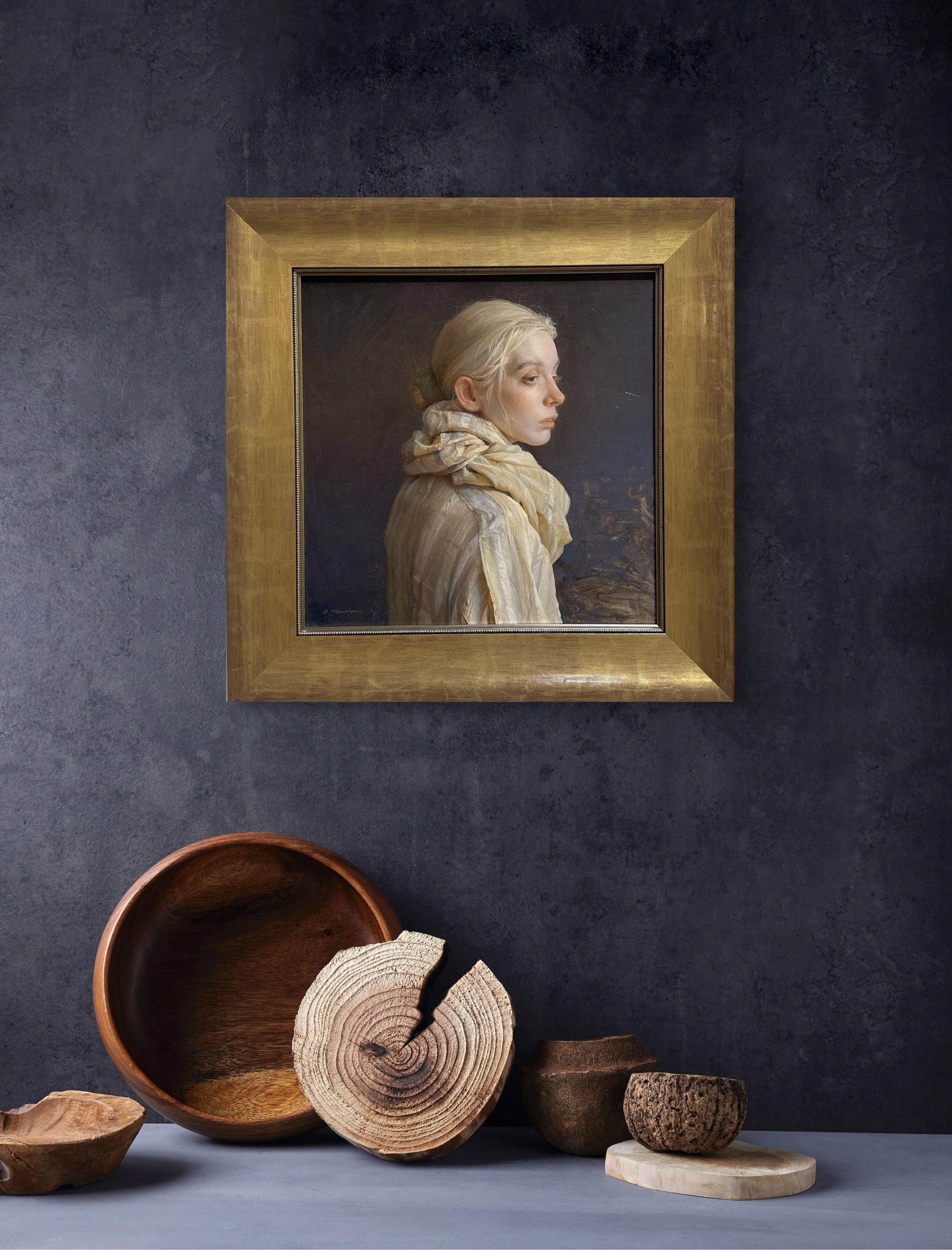 A painting of a woman with a scarf around her neck.