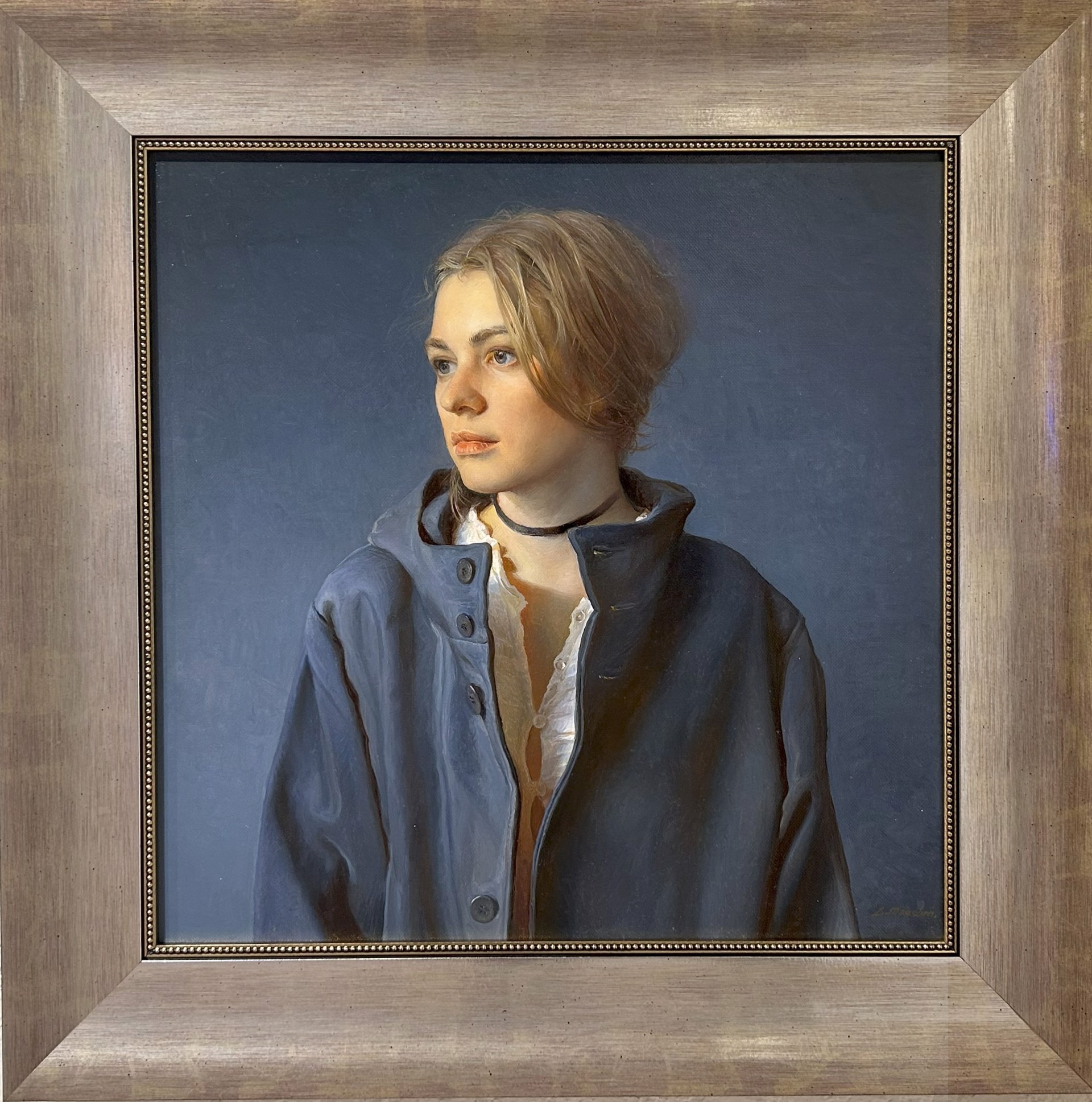 A realistic portrait of a person with short blonde hair wearing a dark jacket and choker necklace.