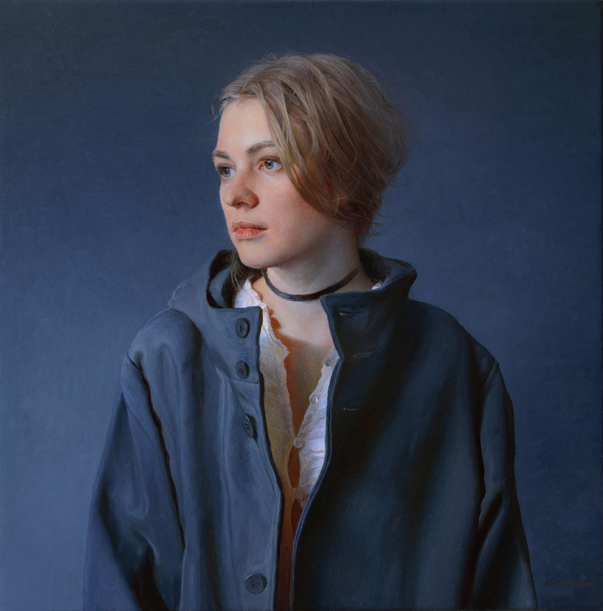 A realistic portrait of a person with short blonde hair wearing a dark jacket and choker necklace.