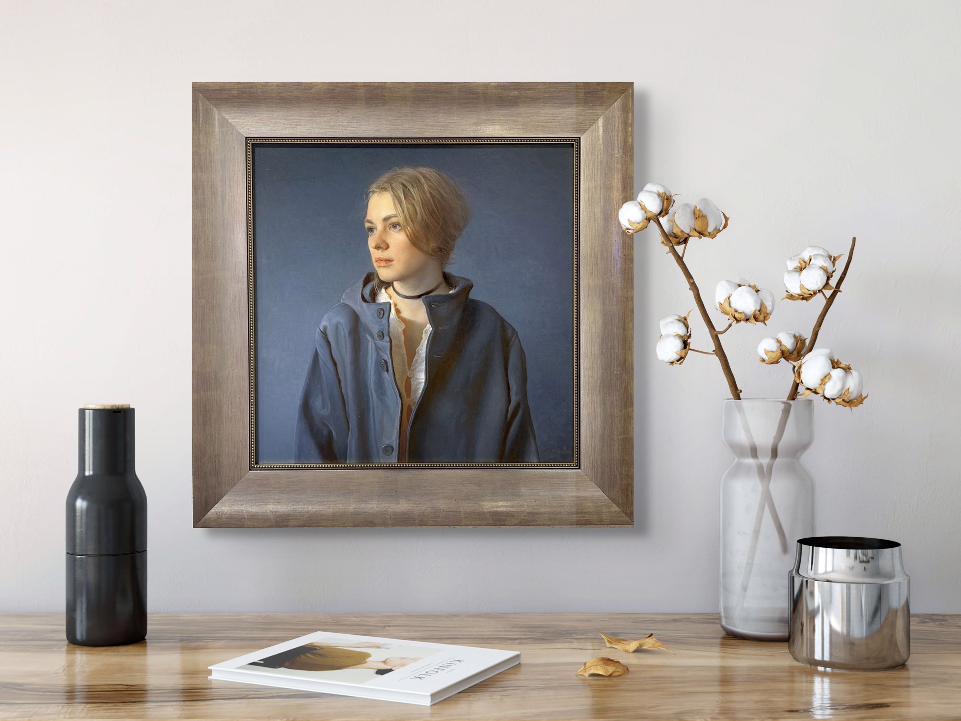 A realistic portrait of a person with short blonde hair wearing a dark jacket and choker necklace.