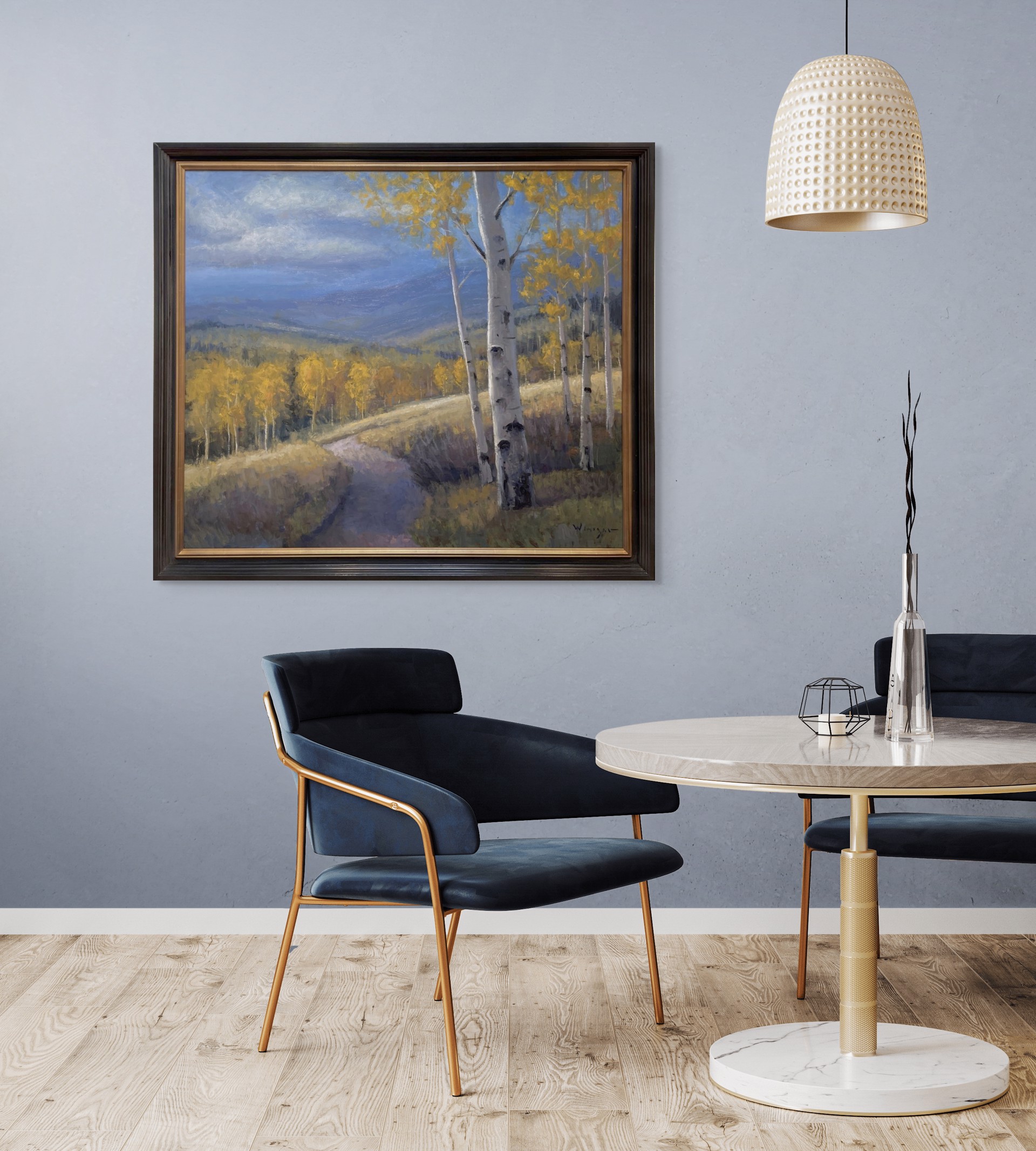 A serene autumn landscape featuring a winding path through golden aspen trees under a dramatic blue sky.