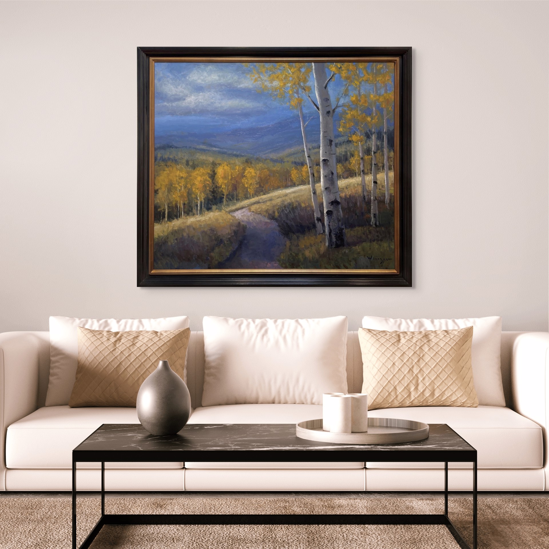 A serene autumn landscape featuring a winding path through golden aspen trees under a dramatic blue sky.