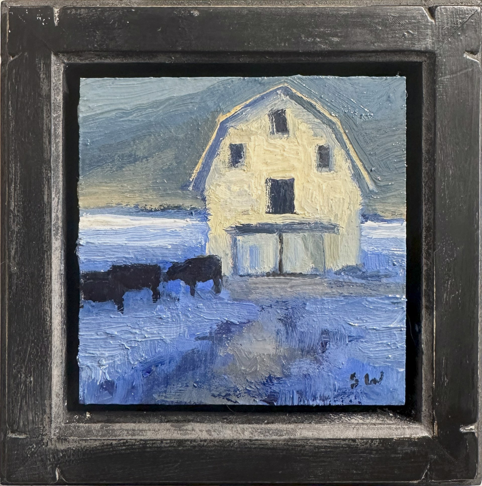 A painting of a white barn with two cows in the snow.