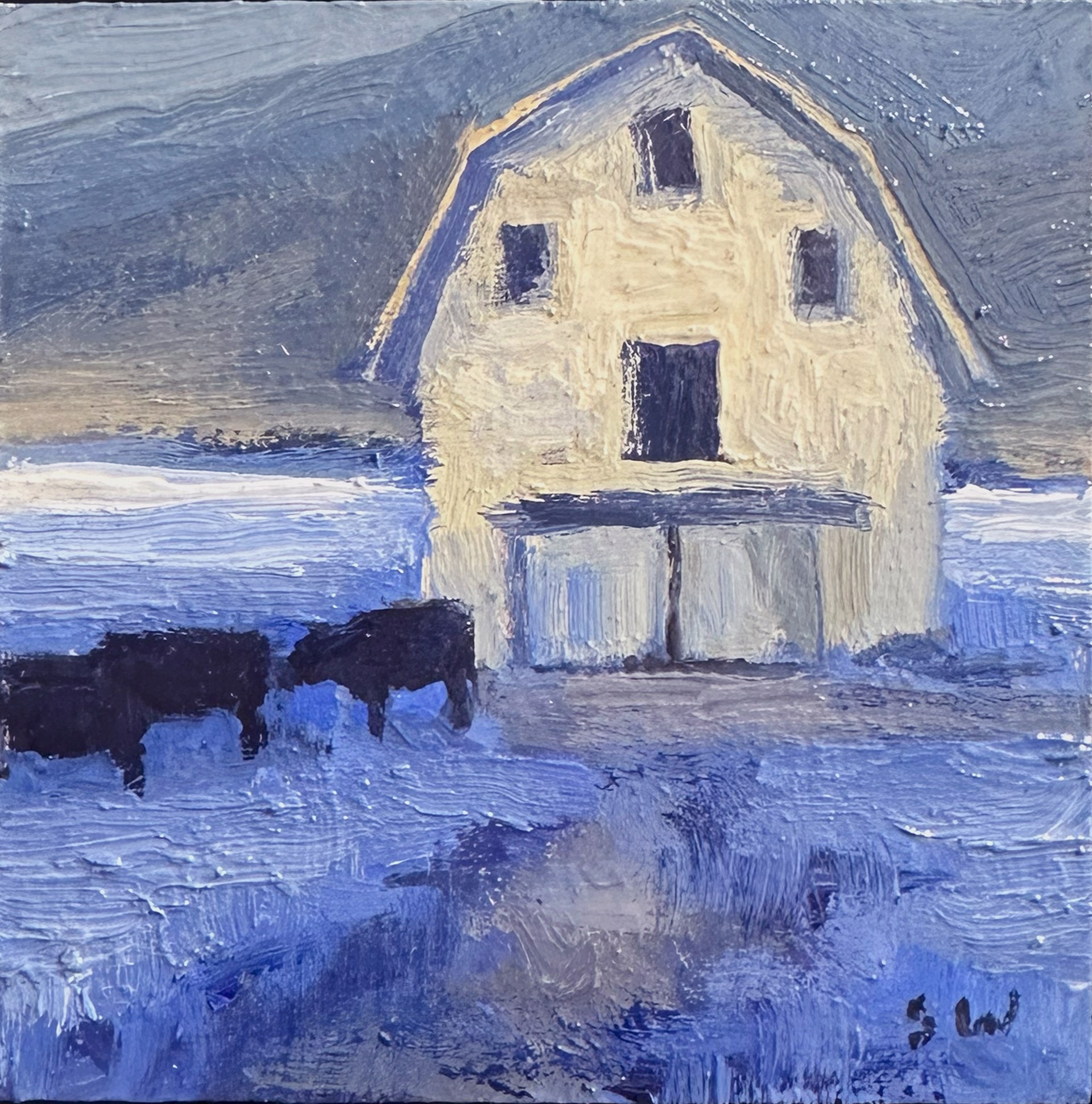A painting of a white barn with two cows in the snow.