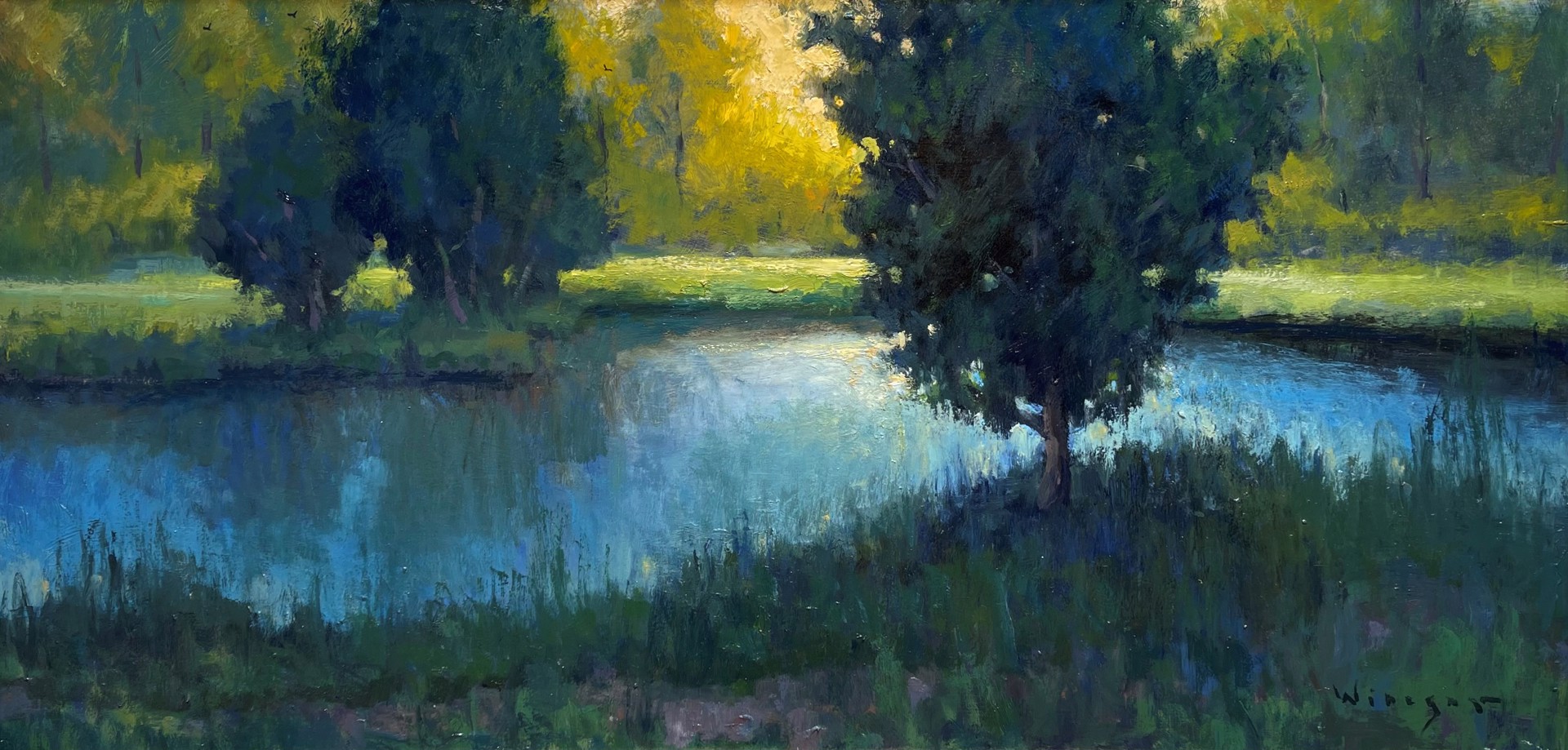 A painting of a lake with trees in the background.