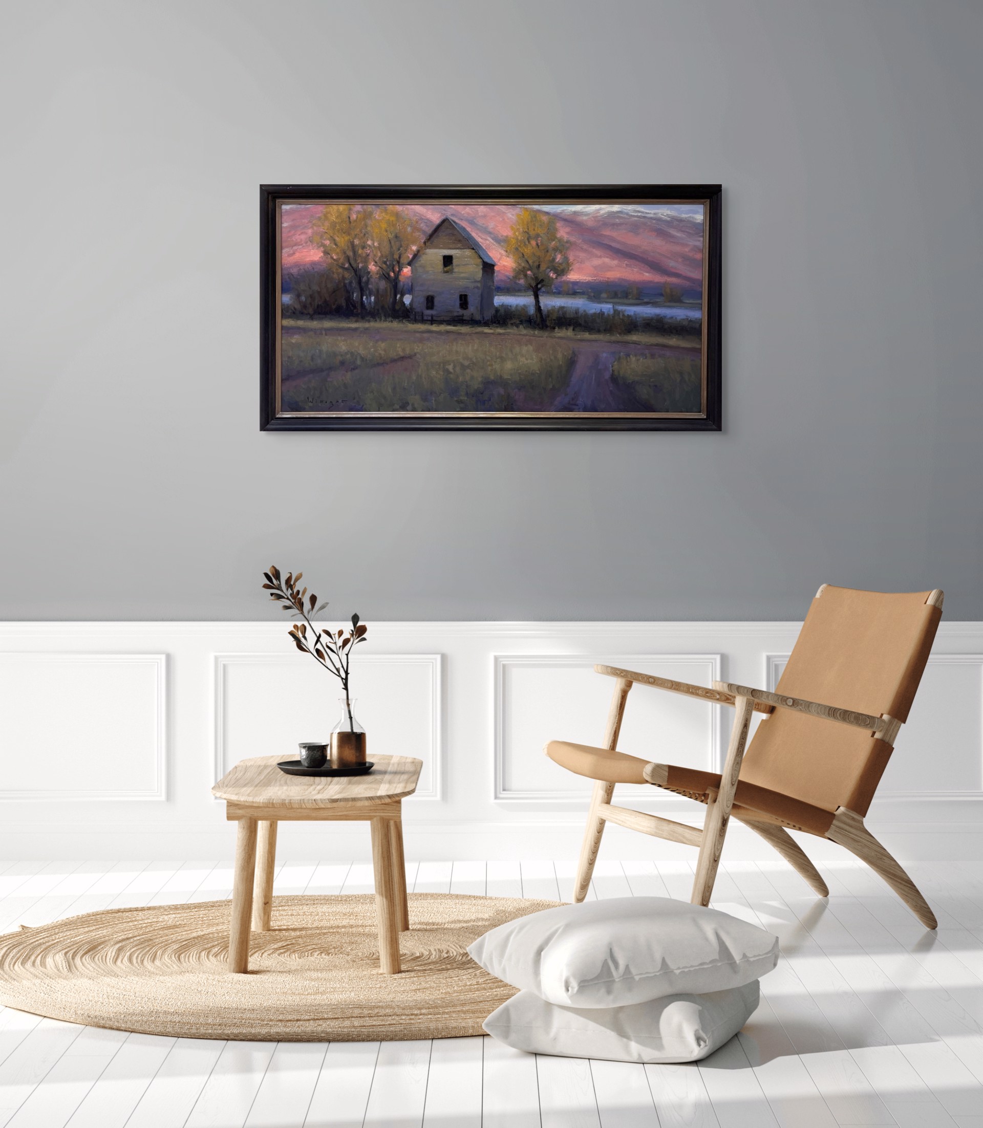 A painting of an old house in the middle of a field.