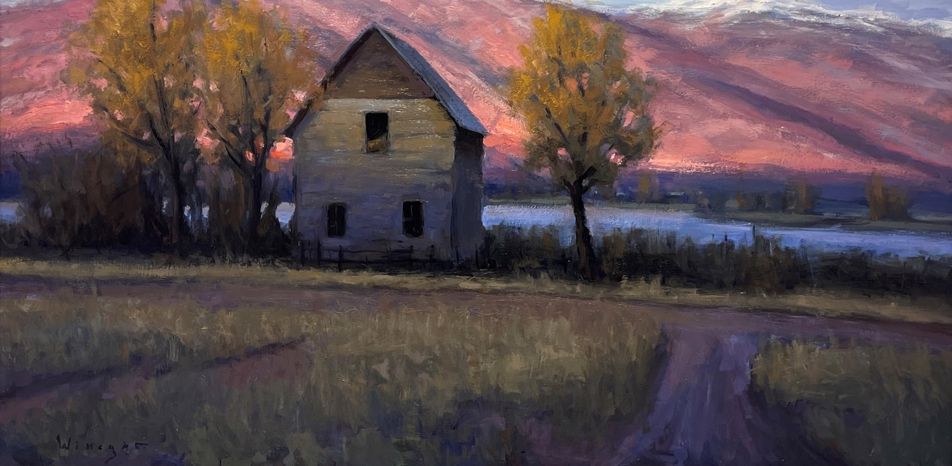A painting of an old house in the middle of a field.