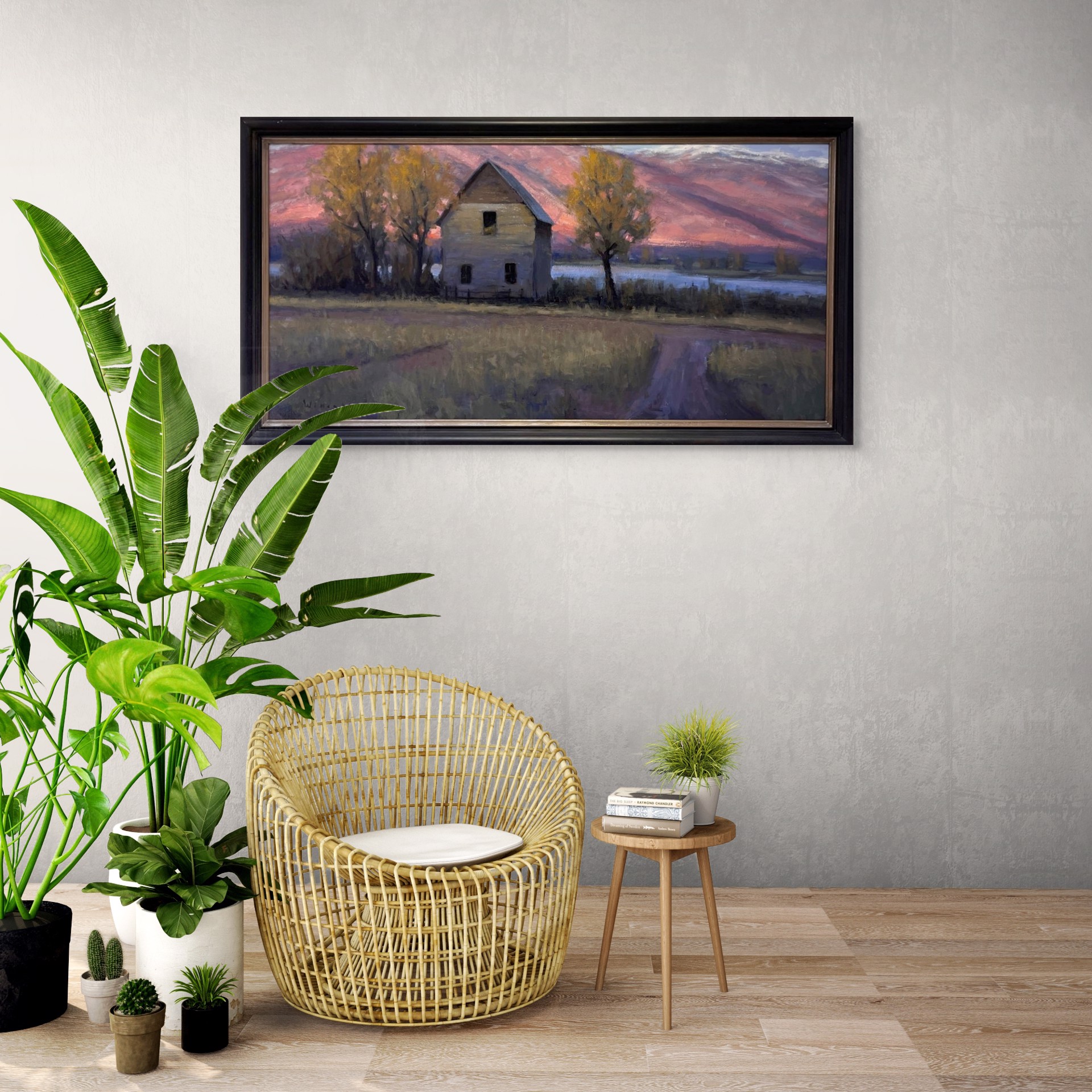 A painting of an old house in the middle of a field.