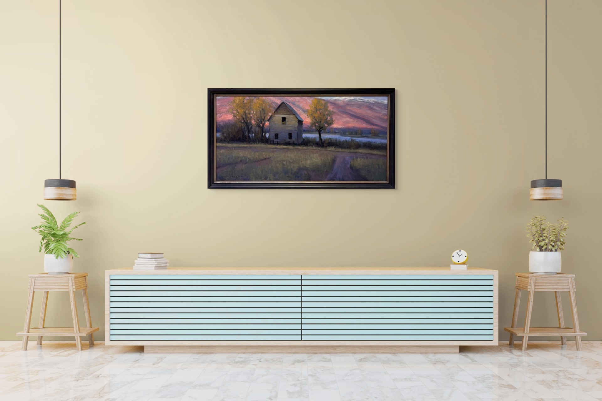A painting of an old house in the middle of a field.