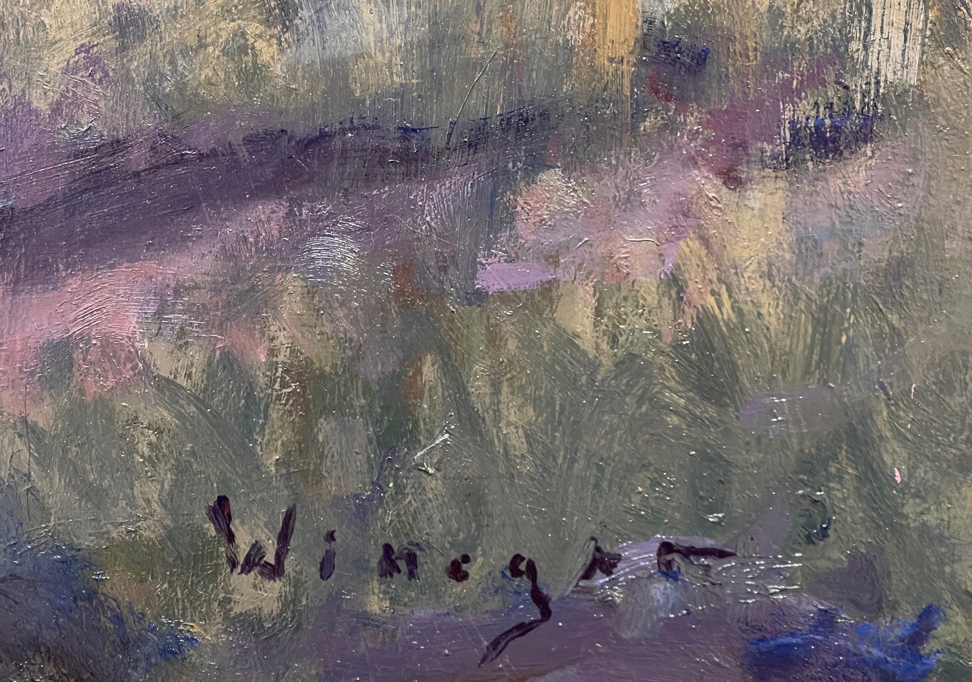 A painting of an old house in the middle of a field.
