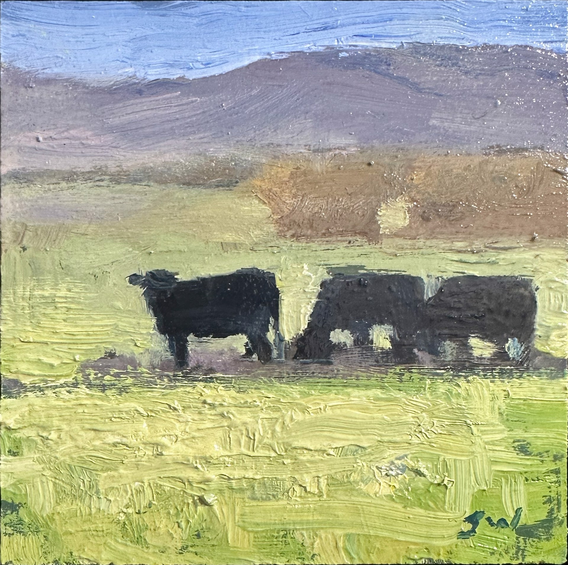 A painting of two cows grazing in a field.