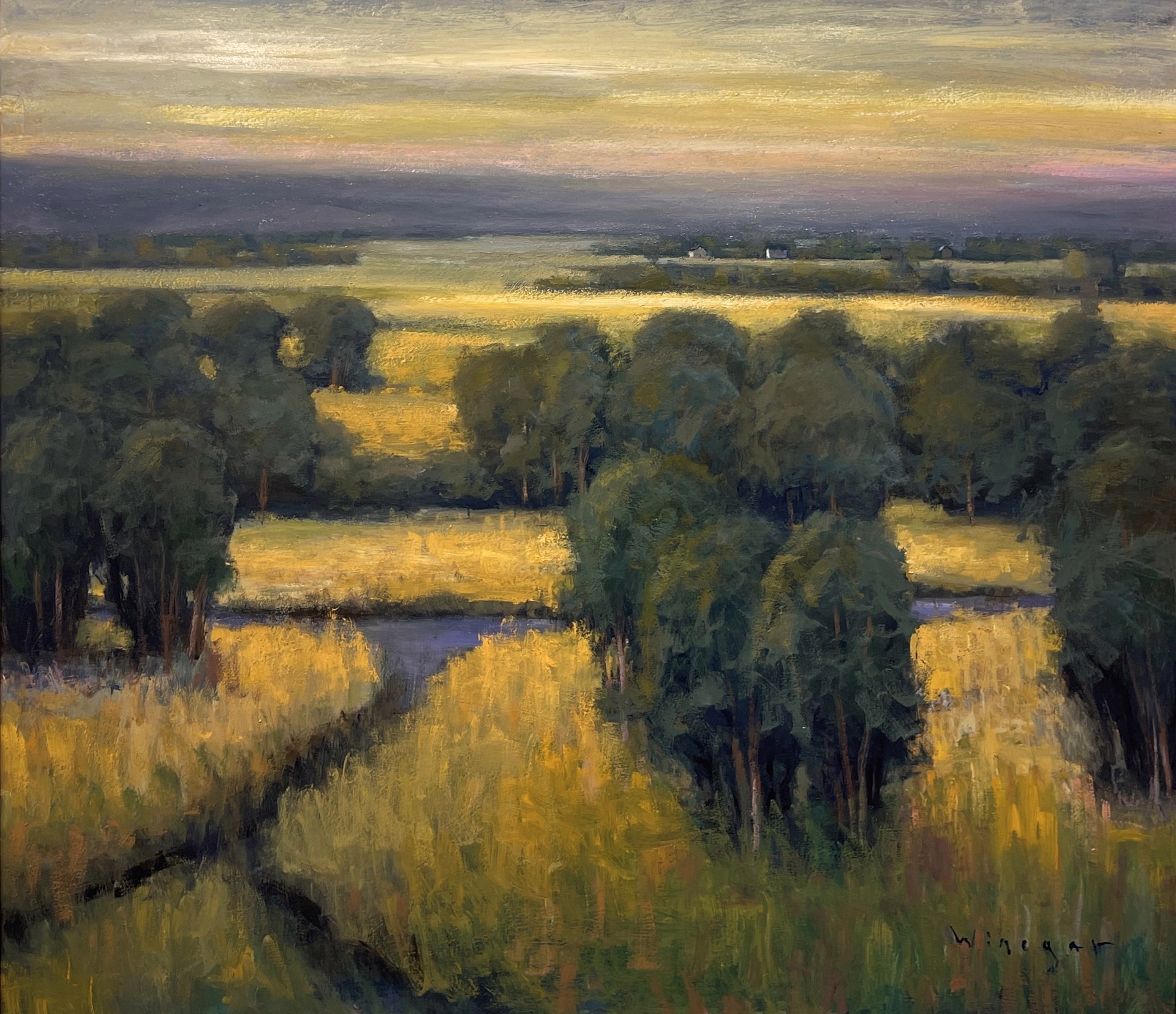 A painting of a field with trees in the distance.